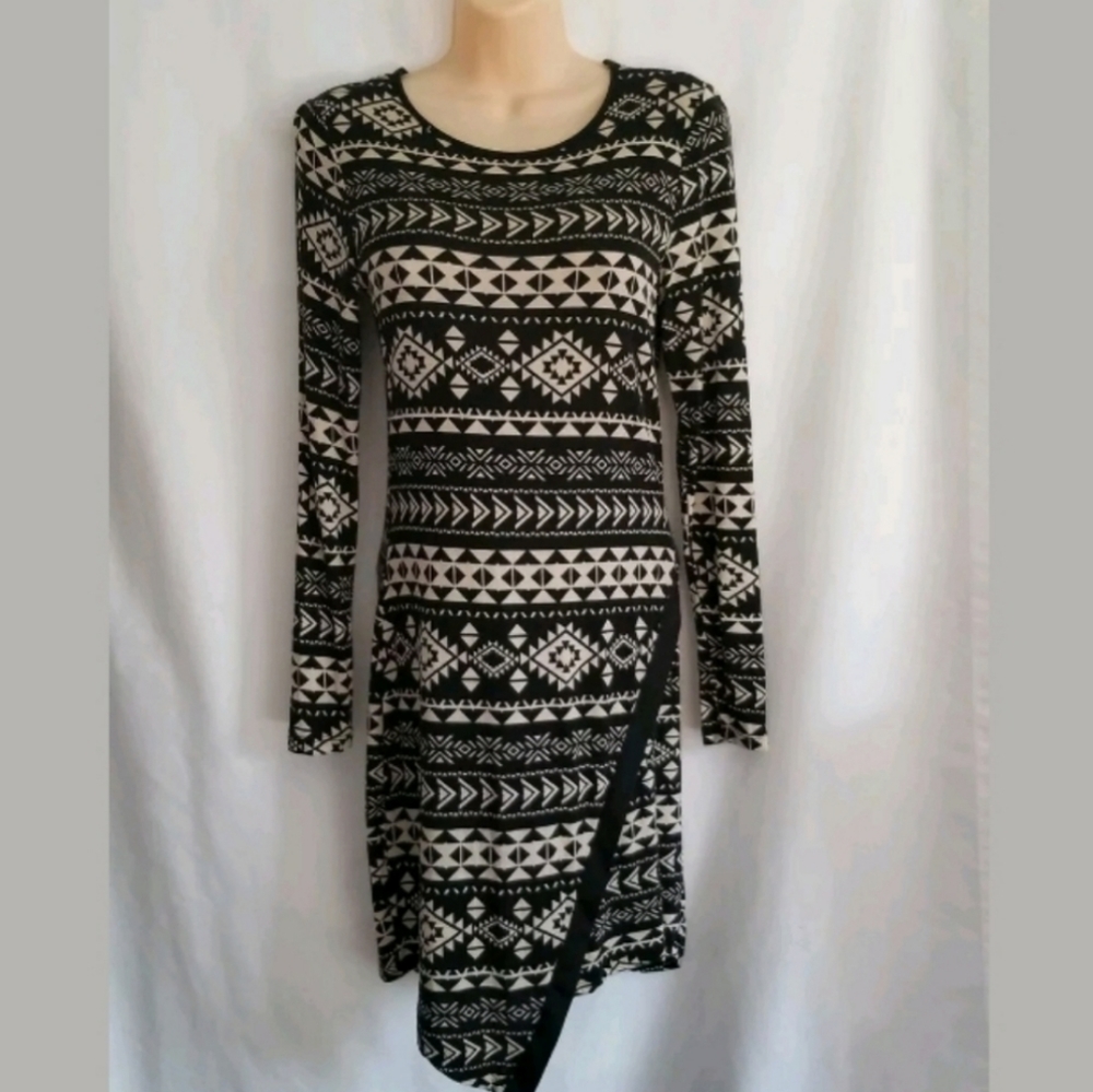 Womens Planet Gold Black Tan Short Long Sleeve Dress Asymmetrical Hem Size Small
